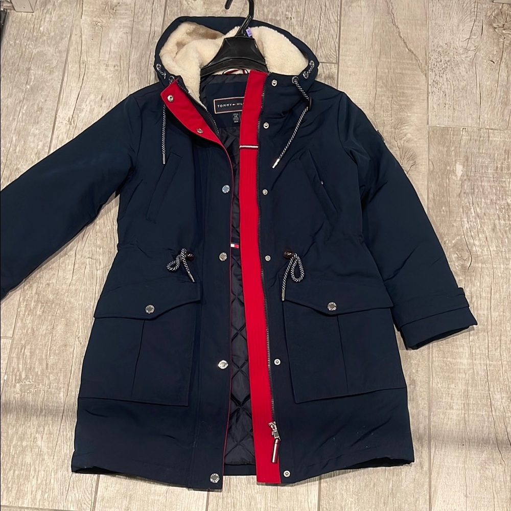 Navy Blue Parka Coat with Red Accents